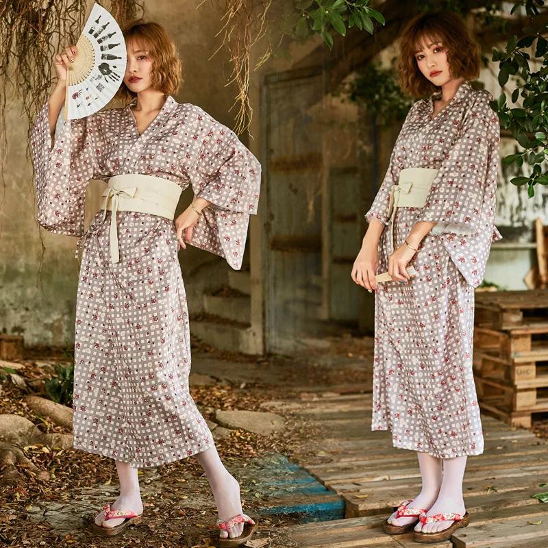 Women Japanese Style Traditional Anime Kimono Robes Dress Plaid Print Loose Pajamas Bathrobe Yukata Homewear Cosplay